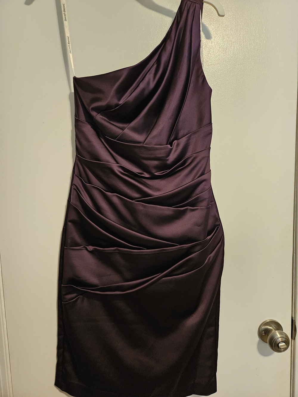 David's Bridal One-Shoulder Satin Dress in Plum